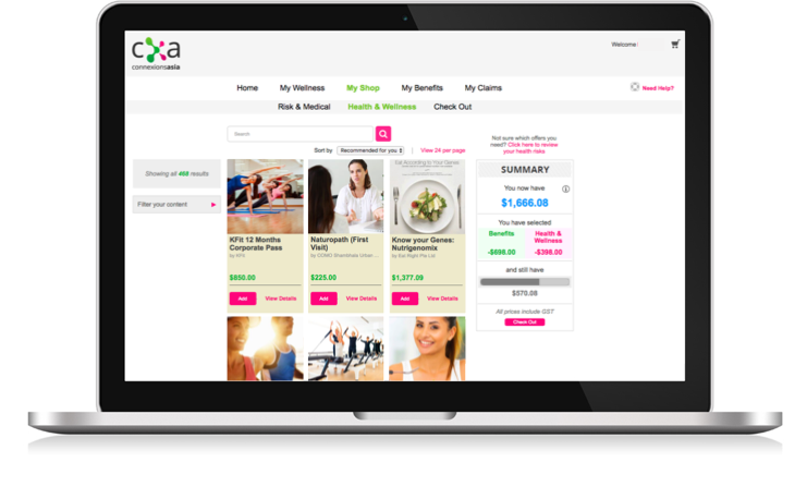 A Macbook laptop showcasing the Health & Wellness page on CXA web portal
